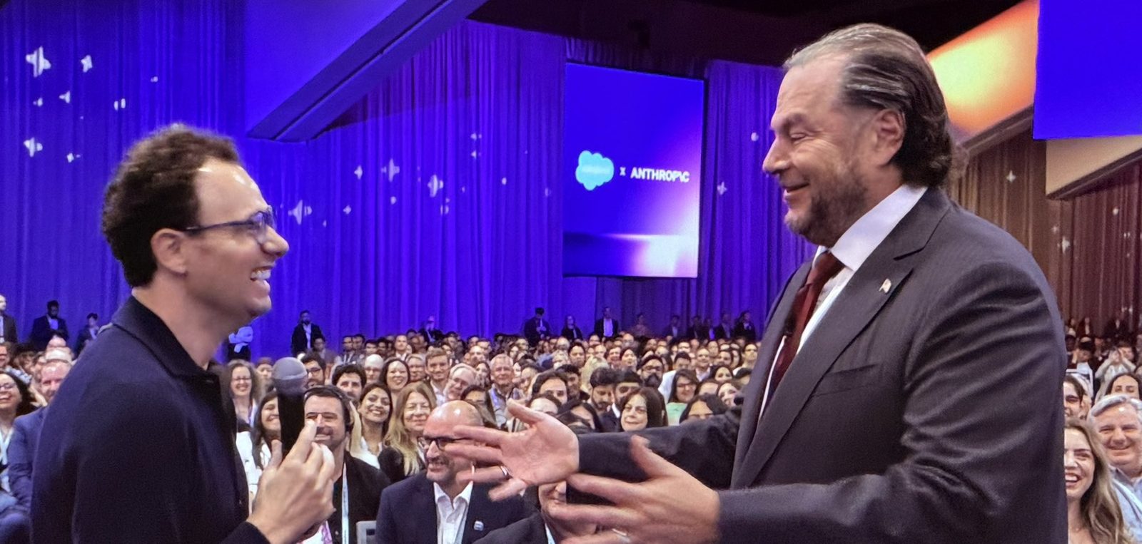Dario Amodei and Marc Benioff on the Dreamforce keynote stage